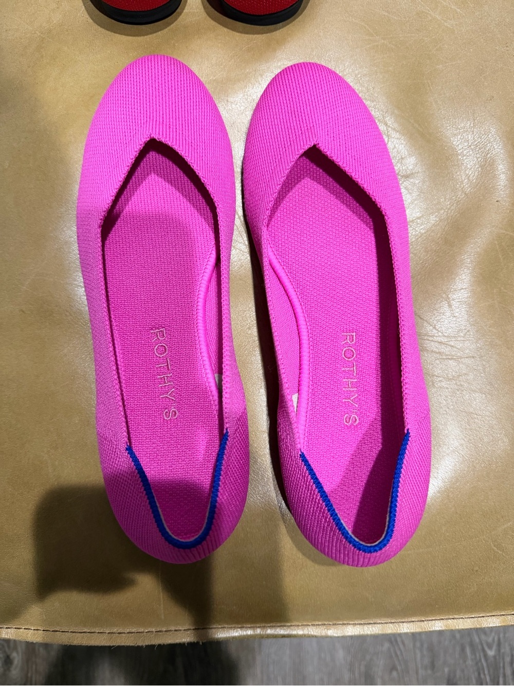 Rothy's Hot Pink Knit Ballet Flats with Blue Trim